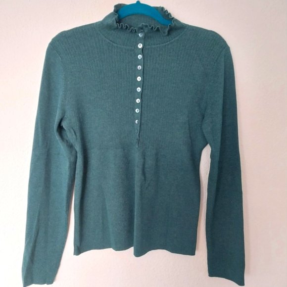 Tapemeasure Y2K Teal Blue Ribbed Ruffle Mock Neck Long Sleeve Sweater NWOT - Picture 1 of 10